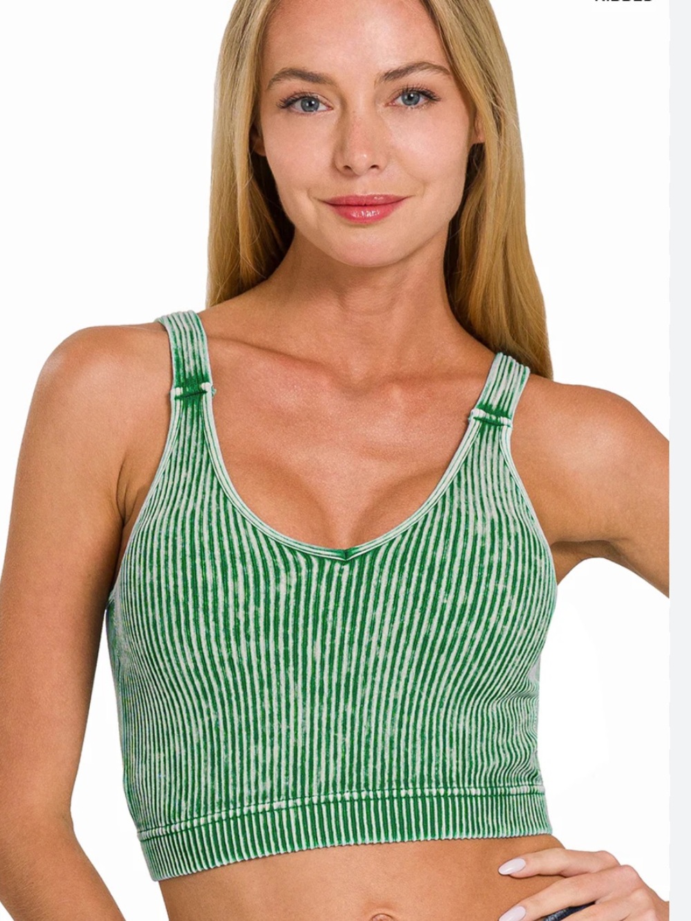 Zenana Brami Dark Green Mineral-Wash Ribbed Crop Top Padded